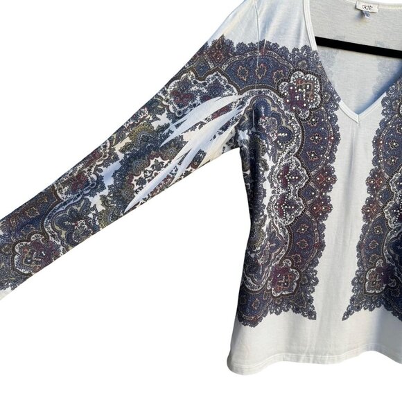 Cache Long Sleeve V-Neck Paisley Print Metal Beaded Stretch Shirt Blouse Top L - Picture 6 of 9